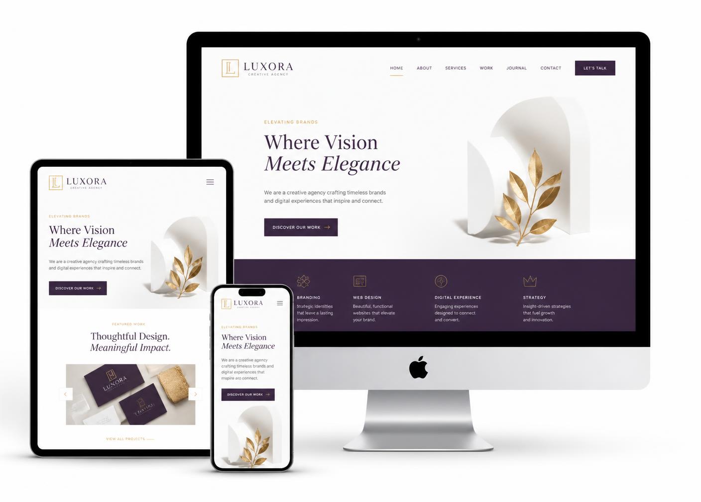 Desktop, tablet, and mobile devices displaying elegant website designs by The Build Studio